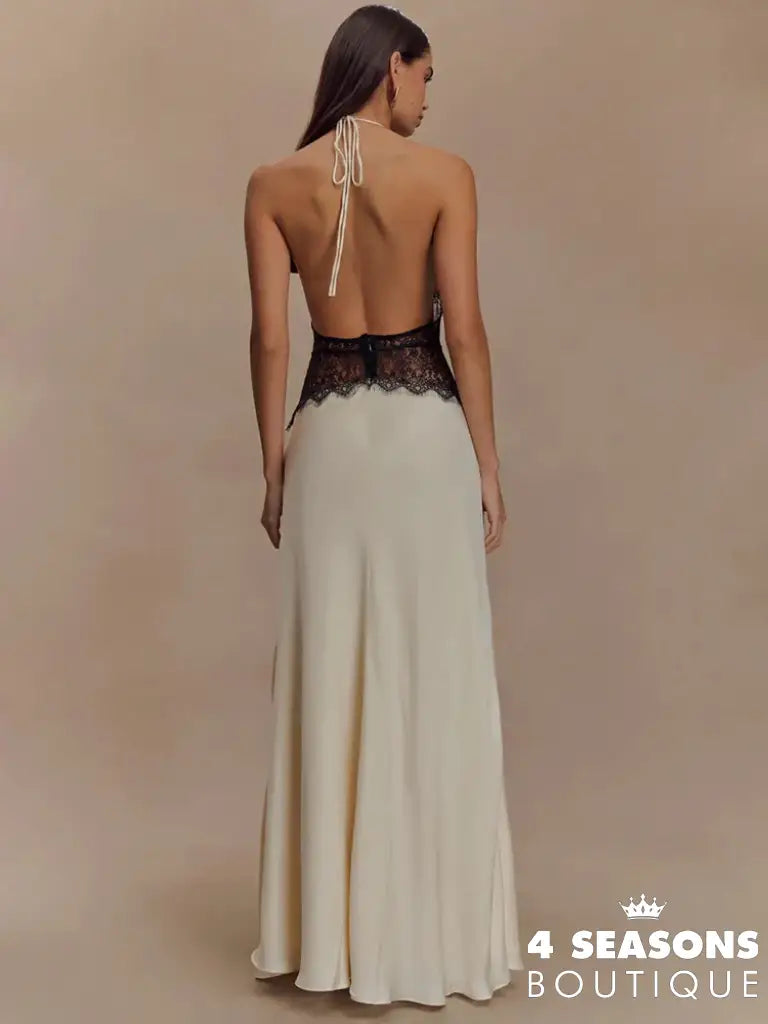 Mozision Summer Backless Sexy Maxi Dress Women Gown Patchwork Lace Halter Deep V Neck Sleeveless High Waist Elegant