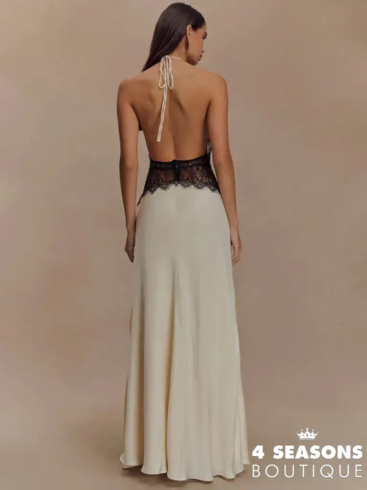 Mozision Summer Backless Sexy Maxi Dress Women Gown Patchwork Lace Halter Deep V Neck Sleeveless High Waist Elegant