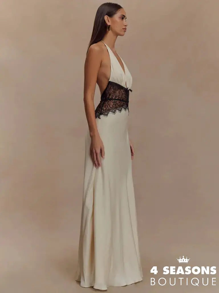 Mozision Summer Backless Sexy Maxi Dress Women Gown Patchwork Lace Halter Deep V Neck Sleeveless High Waist Elegant