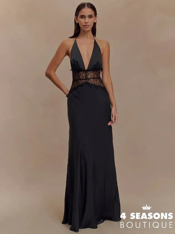 Mozision Summer Backless Sexy Maxi Dress Women Gown Patchwork Lace Halter Deep V Neck Sleeveless High Waist Elegant