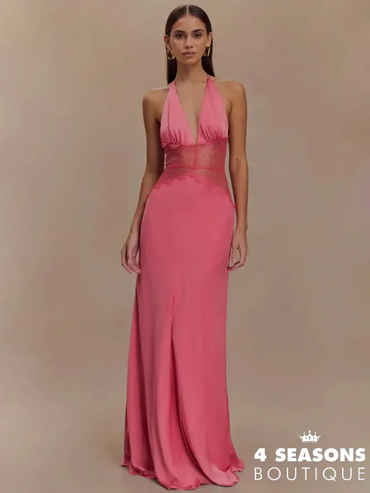 Mozision Summer Backless Sexy Maxi Dress Women Gown Patchwork Lace Halter Deep V Neck Sleeveless High Waist Elegant