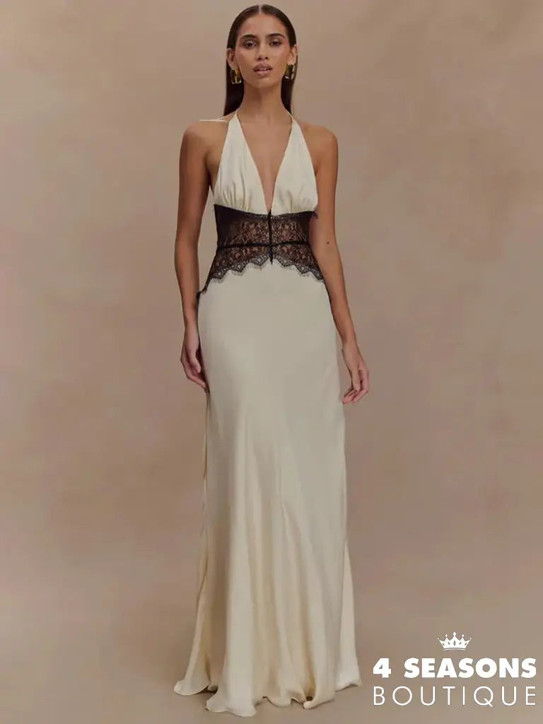 Mozision Summer Backless Sexy Maxi Dress Women Gown Patchwork Lace Halter Deep V Neck Sleeveless High Waist Elegant