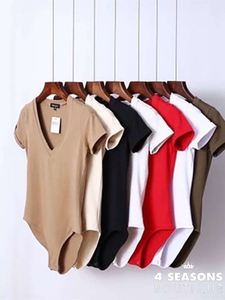 Summer New Solid Color Sexy Big V-Neck Slim Slimming One-Piece Short-Sleeved T-Shirt Women&#39;s