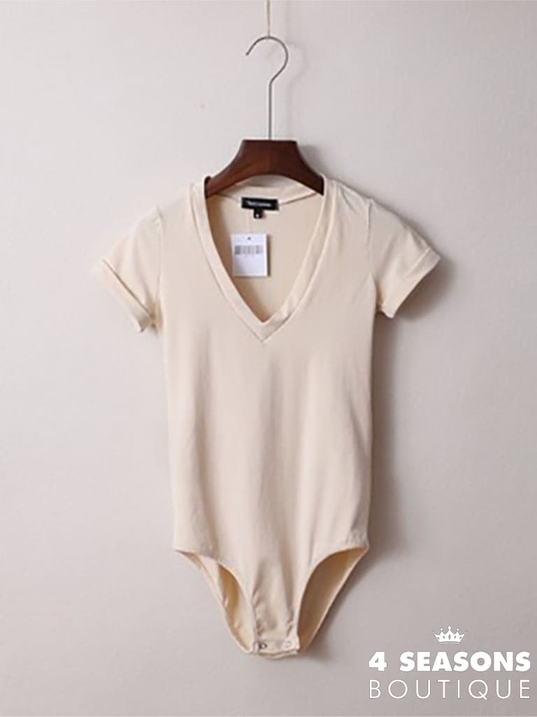 Summer New Solid Color Sexy Big V-Neck Slim Slimming One-Piece Short-Sleeved T-Shirt Women&#39;s