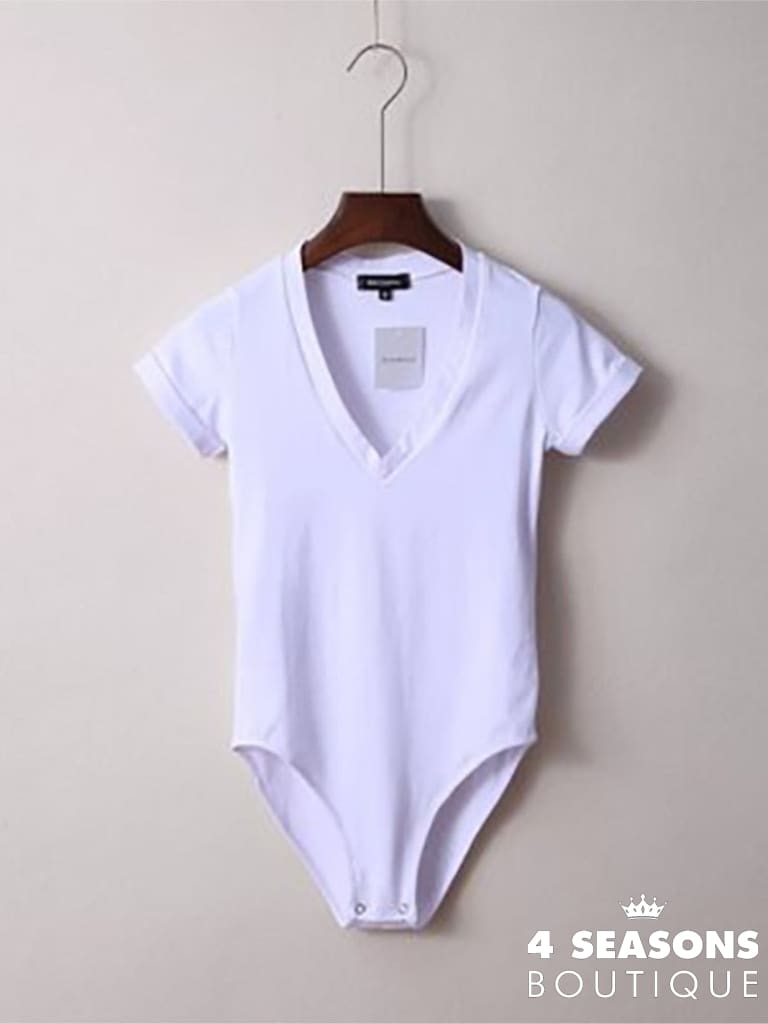 Summer New Solid Color Sexy Big V-Neck Slim Slimming One-Piece Short-Sleeved T-Shirt Women&#39;s
