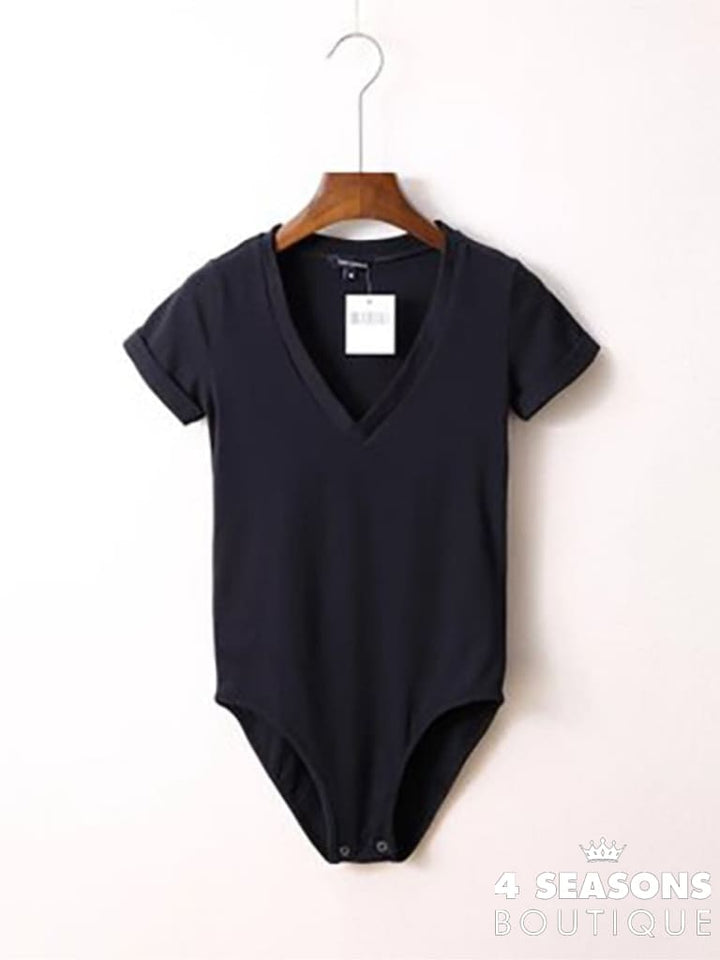 Summer New Solid Color Sexy Big V-Neck Slim Slimming One-Piece Short-Sleeved T-Shirt Women&#39;s