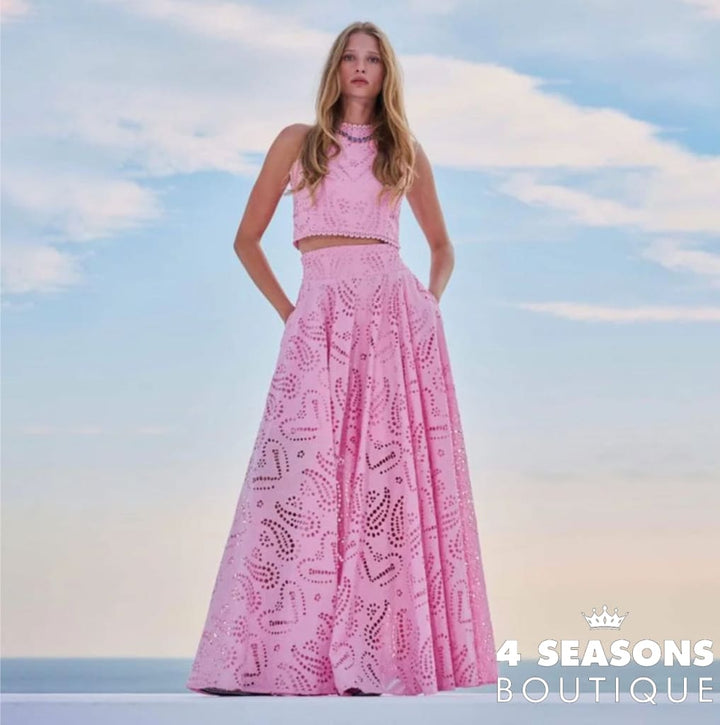 Briana Lace Elegant Cutout Top and Skirt Set Pink / S