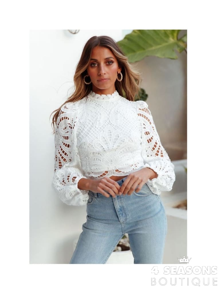 Sexy Long Sleeve Lace Blouse Women Tops Casual White Crochet Hollow Out Cropped Women&#39;s Shirt