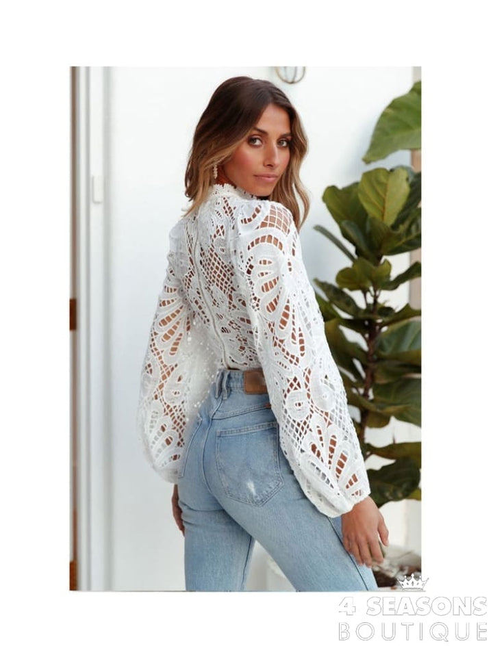 Sexy Long Sleeve Lace Blouse Women Tops Casual White Crochet Hollow Out Cropped Women&#39;s Shirt