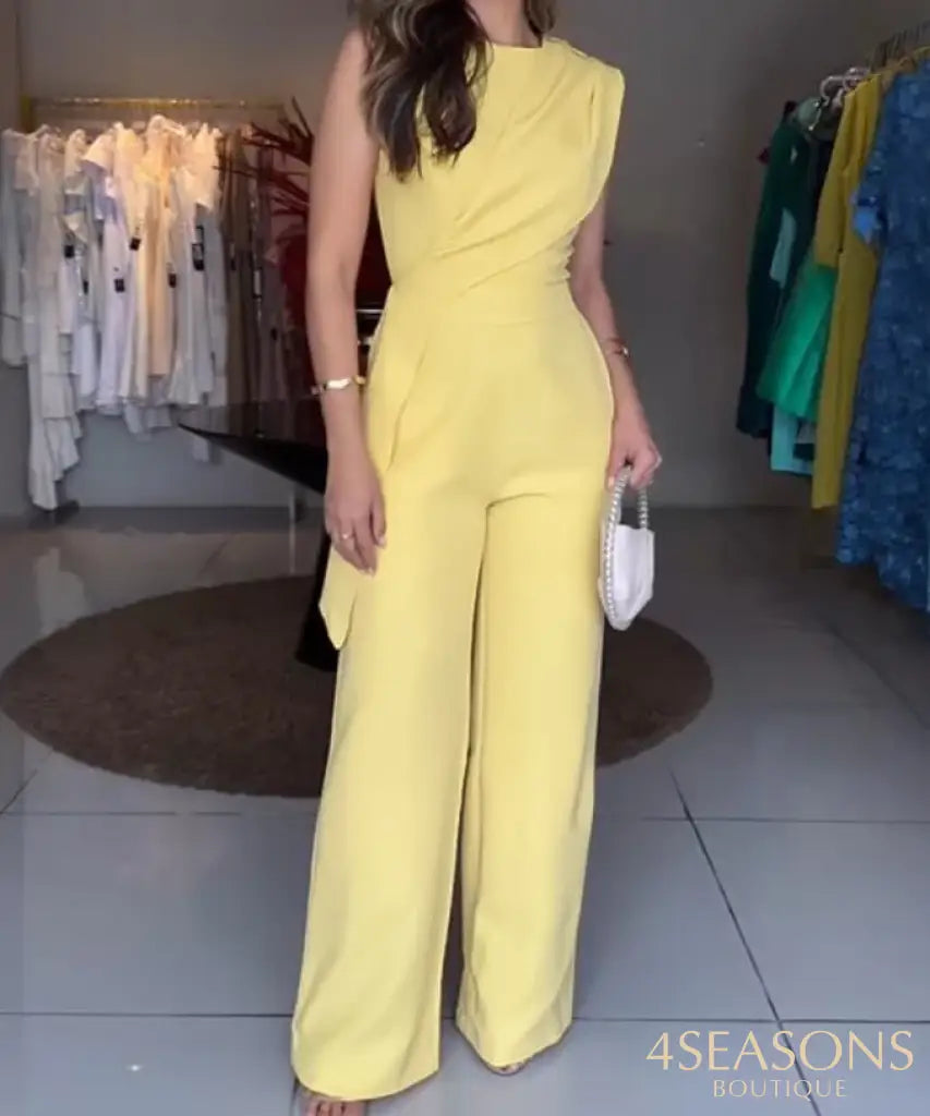 Women’s Jumpsuit Fashion 2025 New Sleeveless Ruched Irregular Jumpsuit with Pockets Simple Commuting Style Elegant