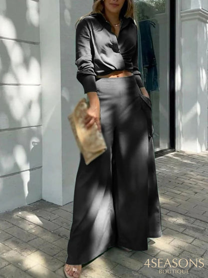 2022 New Long Sleeve Lapel V Neck Shirts + High Waist Pockets Pants Suit Lady Office Set Summer