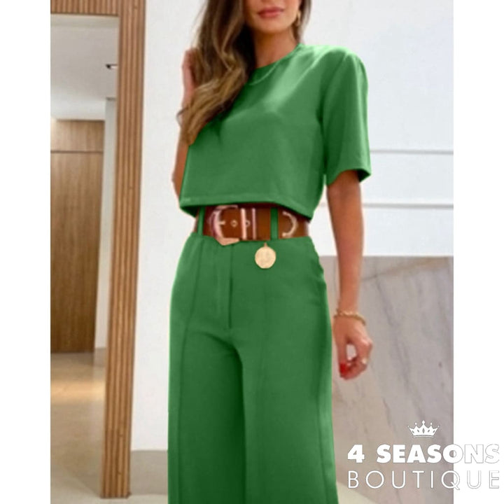2023 Casual Women Half Sleeve Crop Top & Wide Leg Pants Set Summer Femme Office Lady Two Pieces Suit