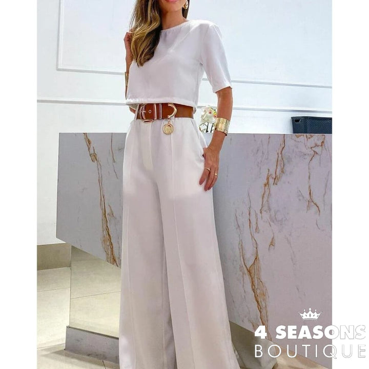 2023 Casual Women Half Sleeve Crop Top & Wide Leg Pants Set Summer Femme Office Lady Two Pieces Suit
