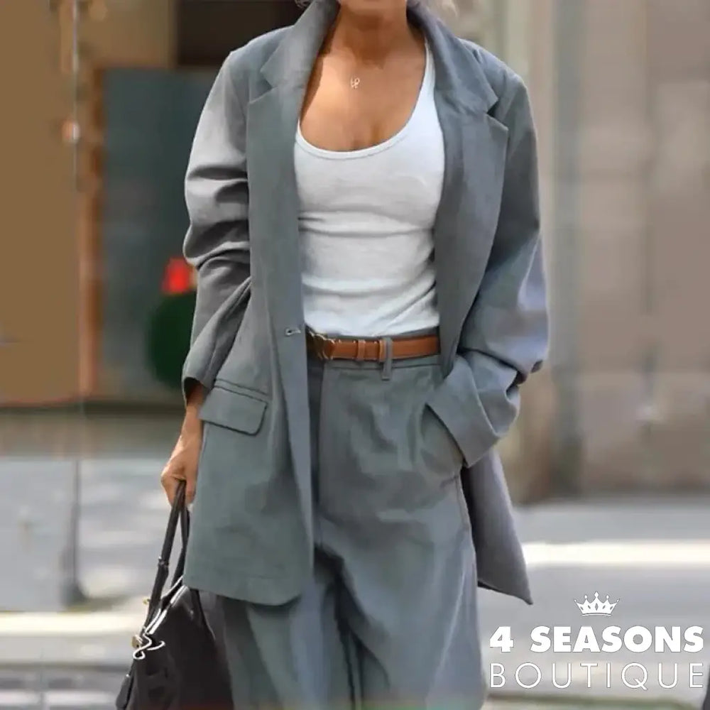 Wefads Women Two Piece Set Autumn Office Casual Long Sleeve Lapel Solid Single Button Elastic Waist