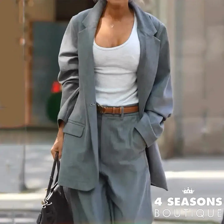 Wefads Women Two Piece Set Autumn Office Casual Long Sleeve Lapel Solid Single Button Elastic Waist