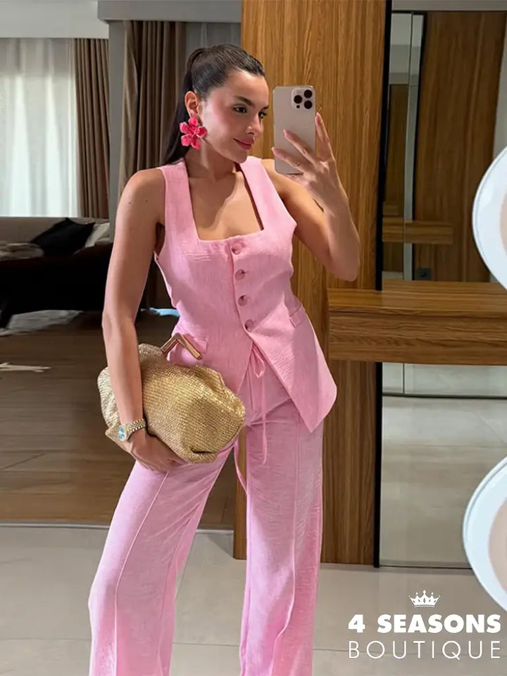 Elegant Square Neck Vest Pants Set Women Sleeveless Button Strap Top Drawstring Loose Trousers 2025 Summer Fashion