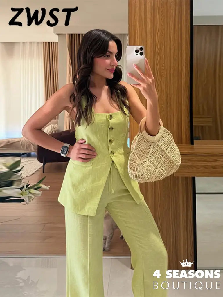 Elegant Square Neck Vest Pants Set Women Sleeveless Button Strap Top Drawstring Loose Trousers 2025 Summer Fashion