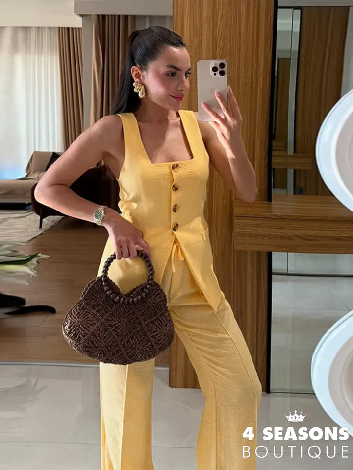 Elegant Square Neck Vest Pants Set Women Sleeveless Button Strap Top Drawstring Loose Trousers 2025 Summer Fashion