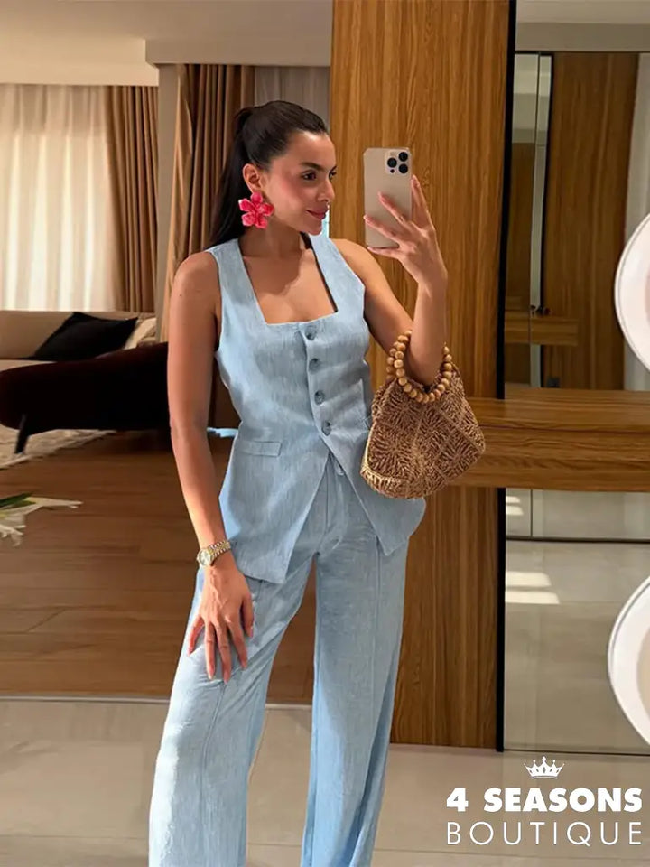 Elegant Square Neck Vest Pants Set Women Sleeveless Button Strap Top Drawstring Loose Trousers 2025 Summer Fashion