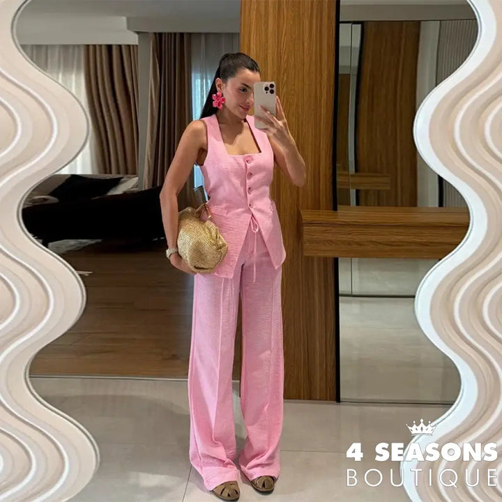 Elegant Square Neck Vest Pants Set Women Sleeveless Button Strap Top Drawstring Loose Trousers 2025 Summer Fashion