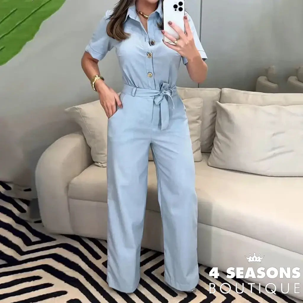 Wefads Jumpsuit Summer Women Casual Solid Short Sleeve Lapel Single Breasted Button Lace Up Nipped