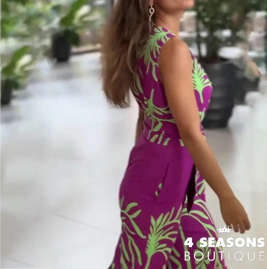 Women‘s Jumpsuits 2024 Summer New Fashion Print V-Neck Sleeveless Slim Belt Temperament Commuting