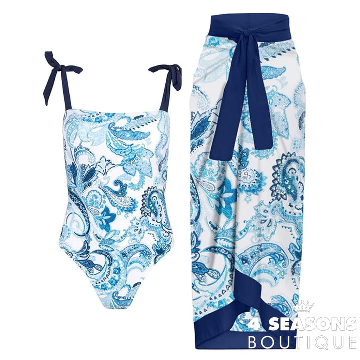 Blue Printed One Piece Swimsuit Suit Lace Up Square Neck Sexy Bikini High Waist Seamless Stitching