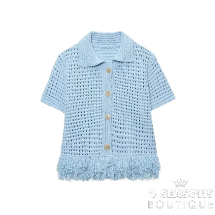 TRAFZA 2025 Spring Summer Sexy Knitted Tassel Solid Women Suit Fashion Turndown Collar Hollow Out Shirt Elastic Wasit