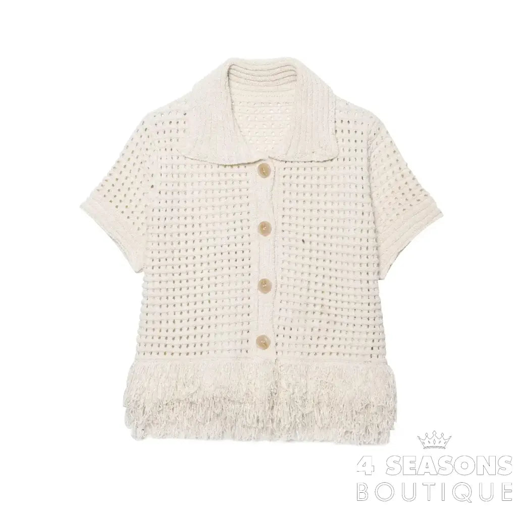 TRAFZA 2025 Spring Summer Sexy Knitted Tassel Solid Women Suit Fashion Turndown Collar Hollow Out Shirt Elastic Wasit