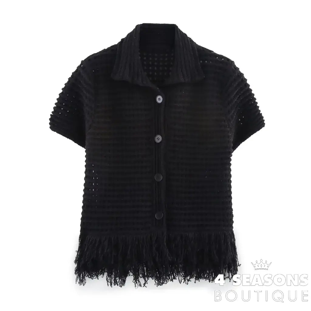 TRAFZA 2025 Spring Summer Sexy Knitted Tassel Solid Women Suit Fashion Turndown Collar Hollow Out Shirt Elastic Wasit