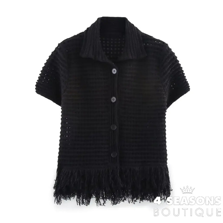 TRAFZA 2025 Spring Summer Sexy Knitted Tassel Solid Women Suit Fashion Turndown Collar Hollow Out Shirt Elastic Wasit