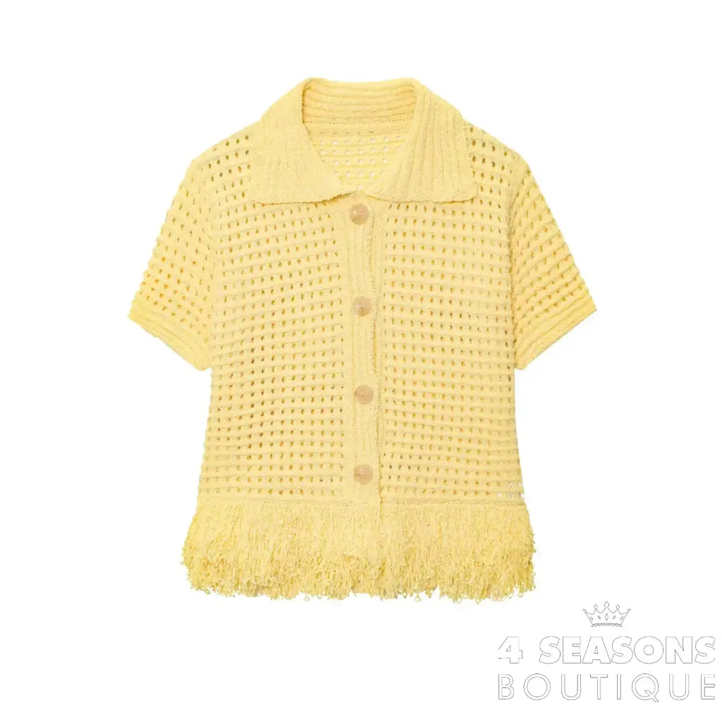 TRAFZA 2025 Spring Summer Sexy Knitted Tassel Solid Women Suit Fashion Turndown Collar Hollow Out Shirt Elastic Wasit