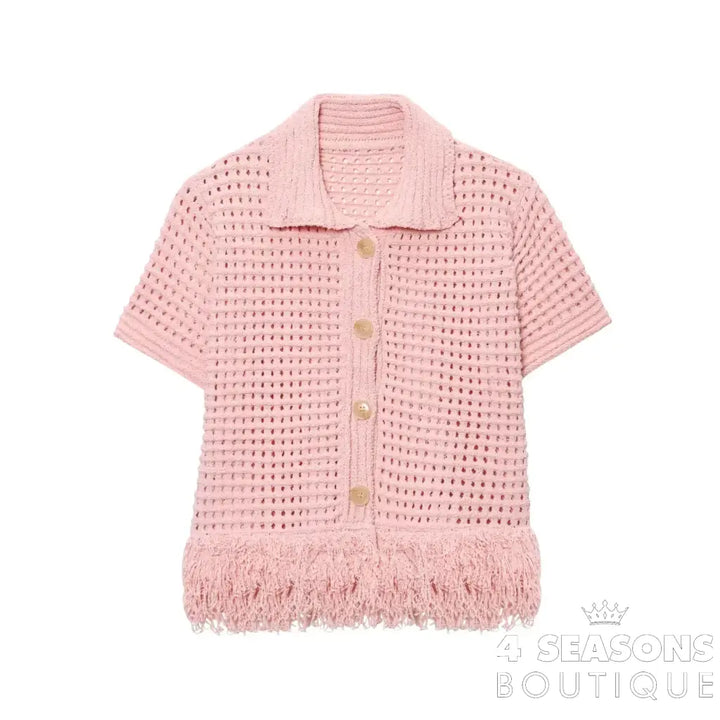 TRAFZA 2025 Spring Summer Sexy Knitted Tassel Solid Women Suit Fashion Turndown Collar Hollow Out Shirt Elastic Wasit