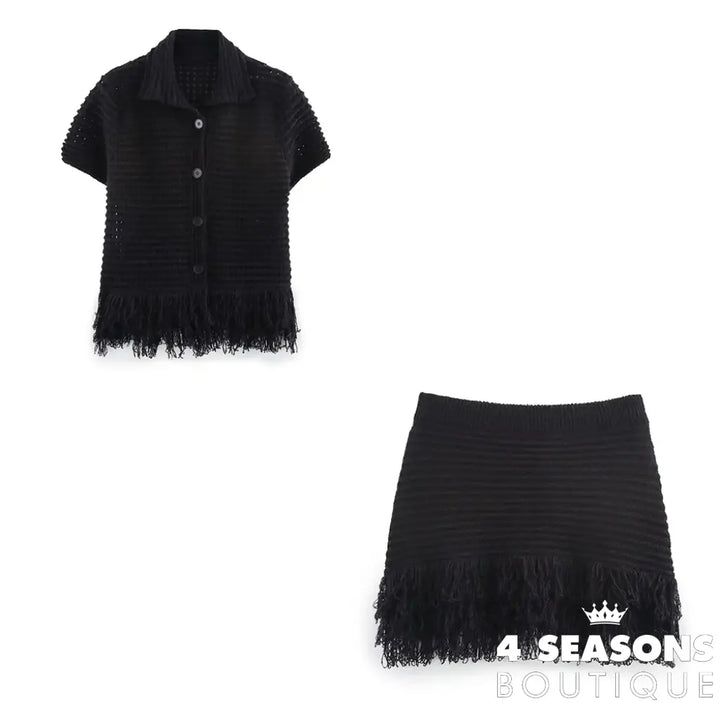 TRAFZA 2025 Spring Summer Sexy Knitted Tassel Solid Women Suit Fashion Turndown Collar Hollow Out Shirt Elastic Wasit