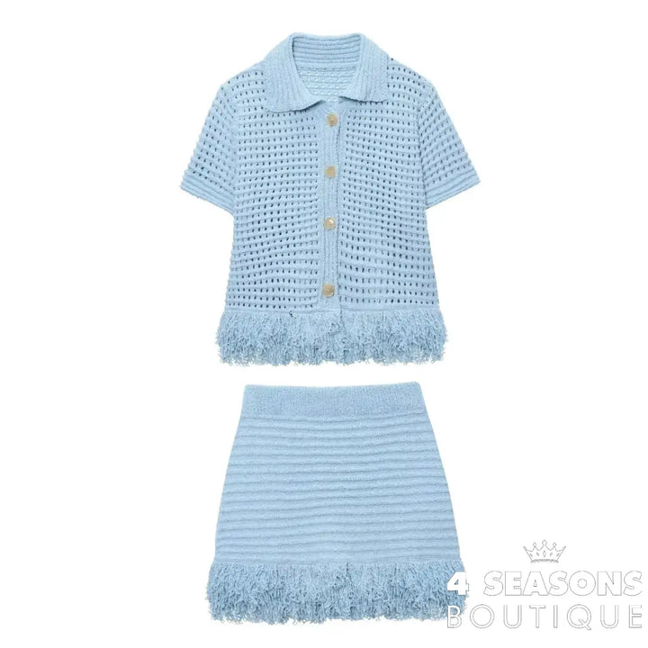 TRAFZA 2025 Spring Summer Sexy Knitted Tassel Solid Women Suit Fashion Turndown Collar Hollow Out Shirt Elastic Wasit
