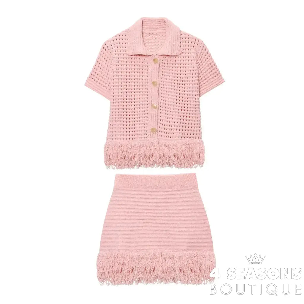 TRAFZA 2025 Spring Summer Sexy Knitted Tassel Solid Women Suit Fashion Turndown Collar Hollow Out Shirt Elastic Wasit
