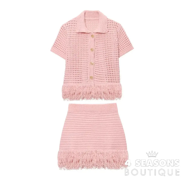 TRAFZA 2025 Spring Summer Sexy Knitted Tassel Solid Women Suit Fashion Turndown Collar Hollow Out Shirt Elastic Wasit