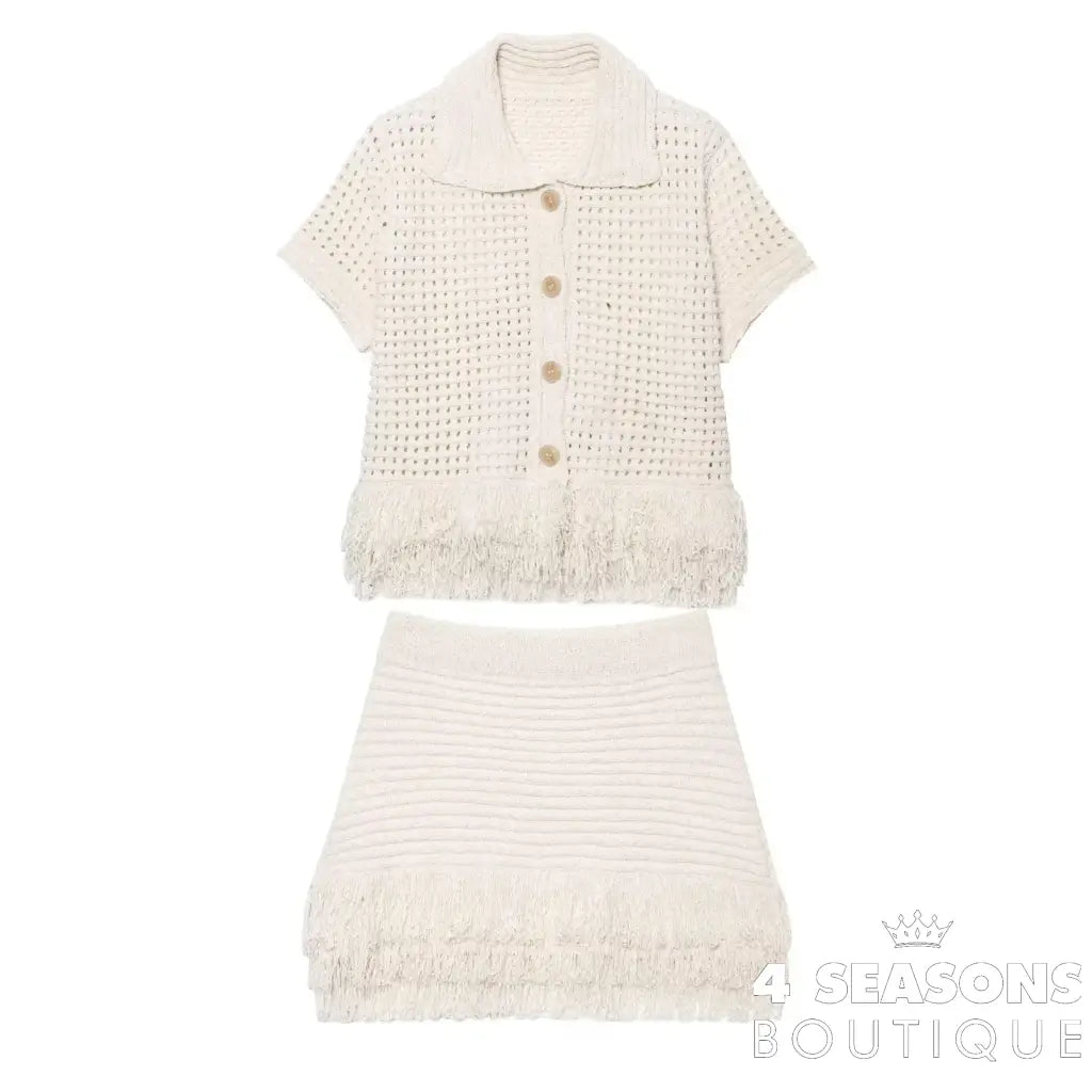 TRAFZA 2025 Spring Summer Sexy Knitted Tassel Solid Women Suit Fashion Turndown Collar Hollow Out Shirt Elastic Wasit