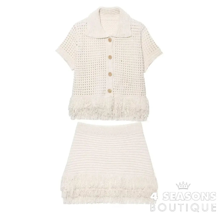 TRAFZA 2025 Spring Summer Sexy Knitted Tassel Solid Women Suit Fashion Turndown Collar Hollow Out Shirt Elastic Wasit