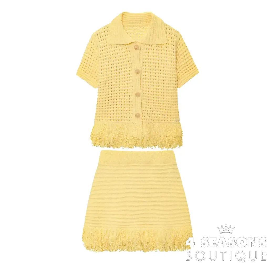 TRAFZA 2025 Spring Summer Sexy Knitted Tassel Solid Women Suit Fashion Turndown Collar Hollow Out Shirt Elastic Wasit