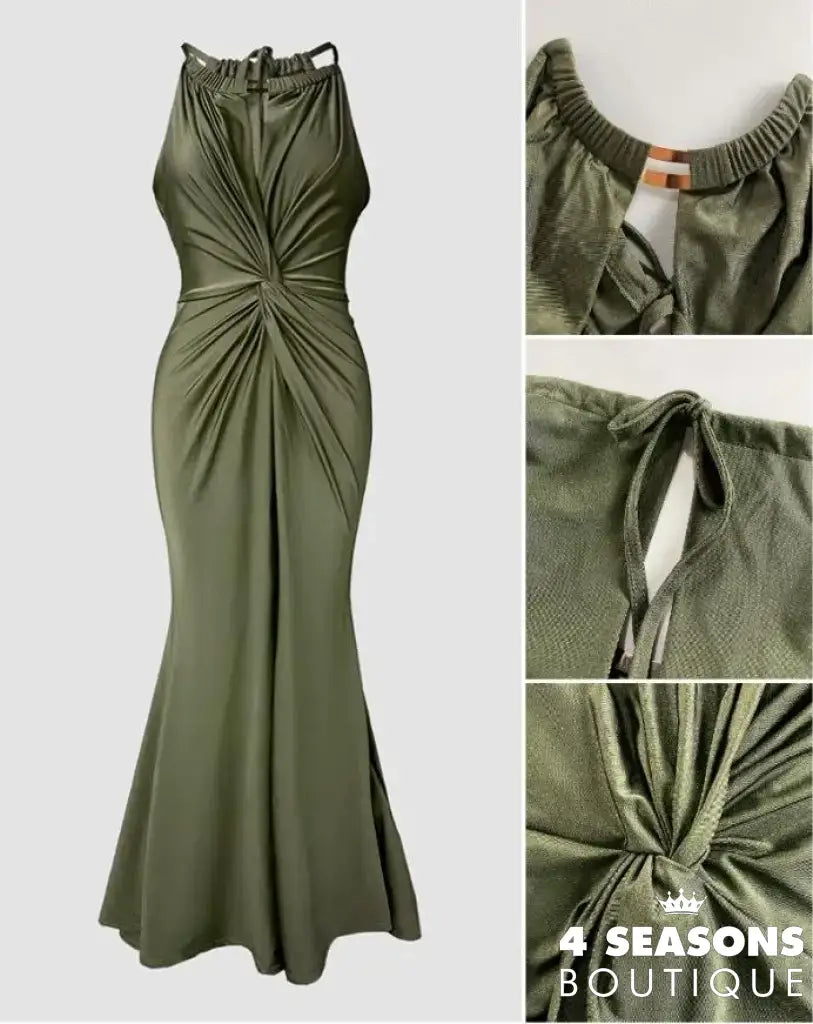 Womens Dresses 2025 New Satin Sleeveless Hollow Out Twist Front Evening Dress Tied Detail Backless Zipper Back Mermaid