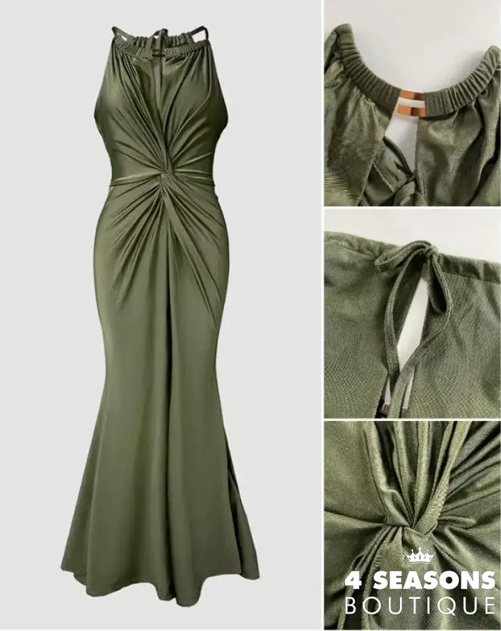 Womens Dresses 2025 New Satin Sleeveless Hollow Out Twist Front Evening Dress Tied Detail Backless Zipper Back Mermaid