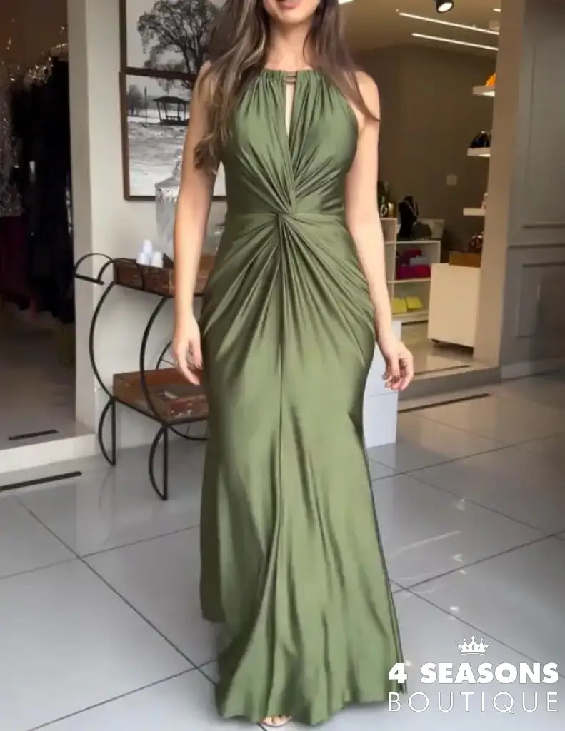 Womens Dresses 2025 New Satin Sleeveless Hollow Out Twist Front Evening Dress Tied Detail Backless Zipper Back Mermaid