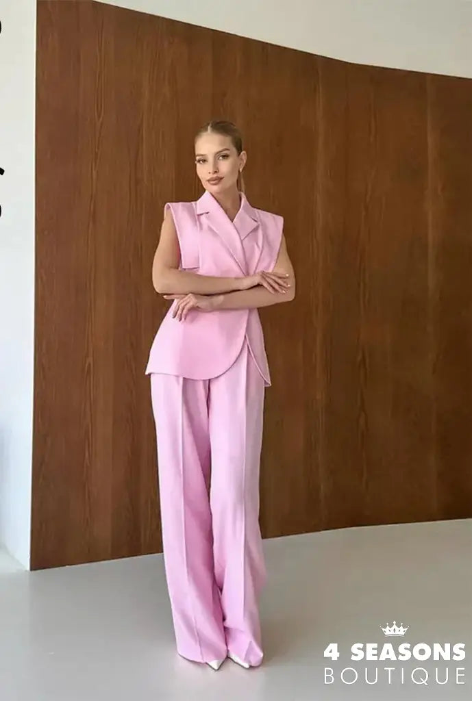 Elegant Shoulder Pads Waistcoat Pants Set Women Lapel Two Buttons Sleeveless Blazer Wide Leg Pants 2025 Summer Lady