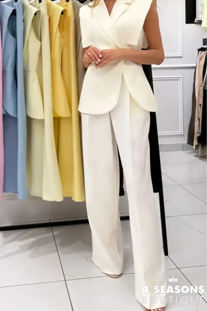 Elegant Shoulder Pads Waistcoat Pants Set Women Lapel Two Buttons Sleeveless Blazer Wide Leg Pants 2025 Summer Lady