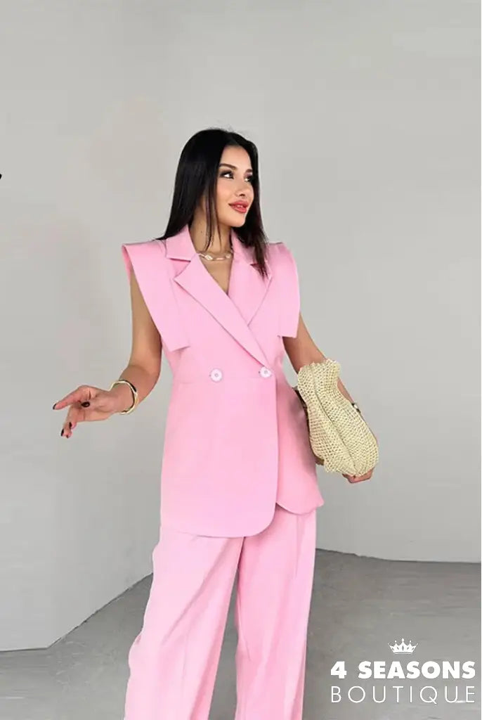 Elegant Shoulder Pads Waistcoat Pants Set Women Lapel Two Buttons Sleeveless Blazer Wide Leg Pants 2025 Summer Lady