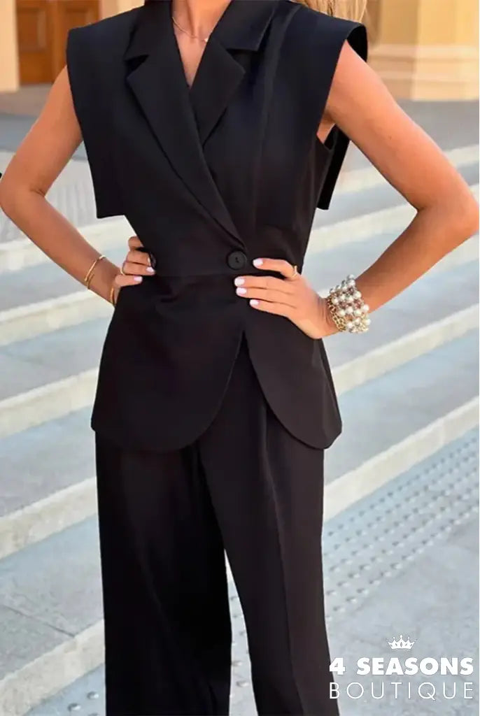 Elegant Shoulder Pads Waistcoat Pants Set Women Lapel Two Buttons Sleeveless Blazer Wide Leg Pants 2025 Summer Lady