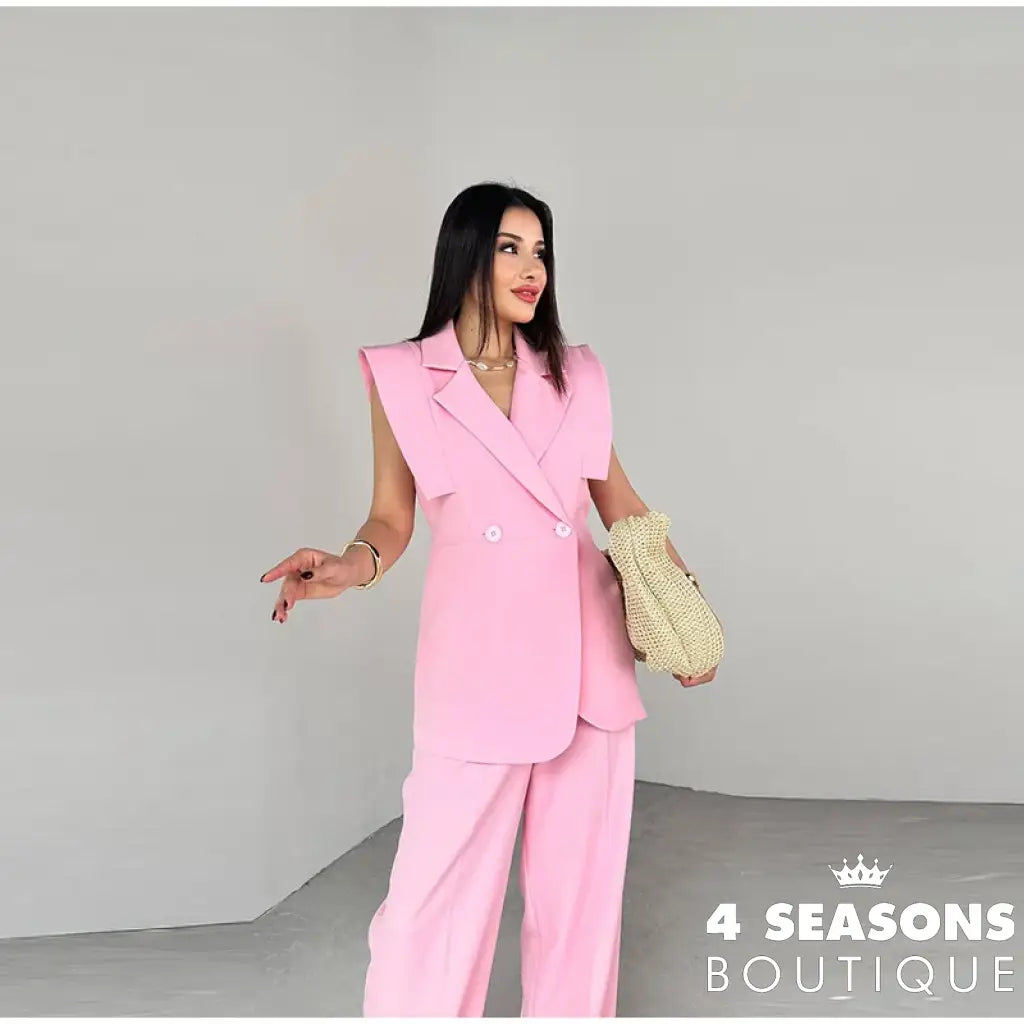 Elegant Shoulder Pads Waistcoat Pants Set Women Lapel Two Buttons Sleeveless Blazer Wide Leg Pants 2025 Summer Lady