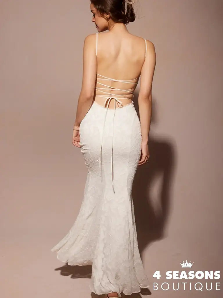 Julissa Mo Sexy Backless Double Layer Women Maxi Dress White Spaghetti Strap Evening Summer Skinny