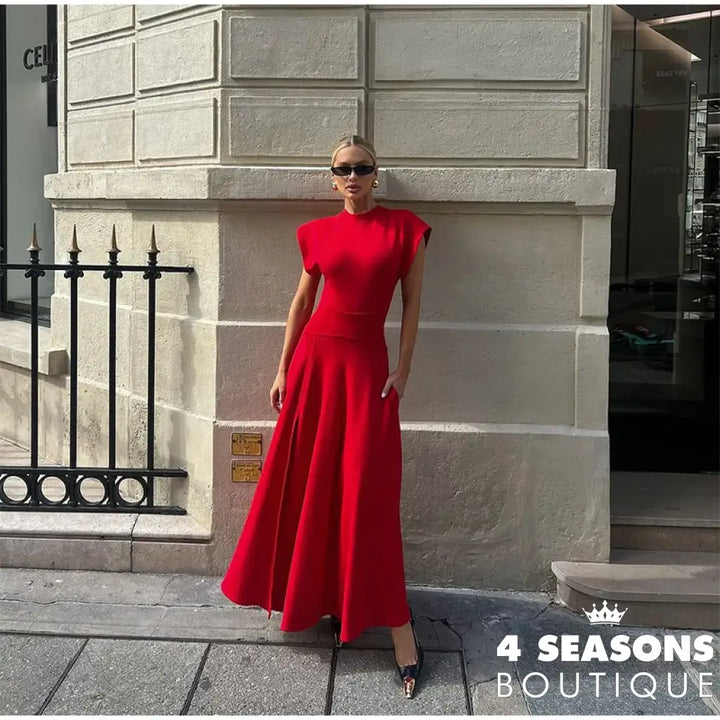 Elegant Half High Collar Solid Long Dress Women Fashion Short Sleeve Split A-Line Dresses 2024 New